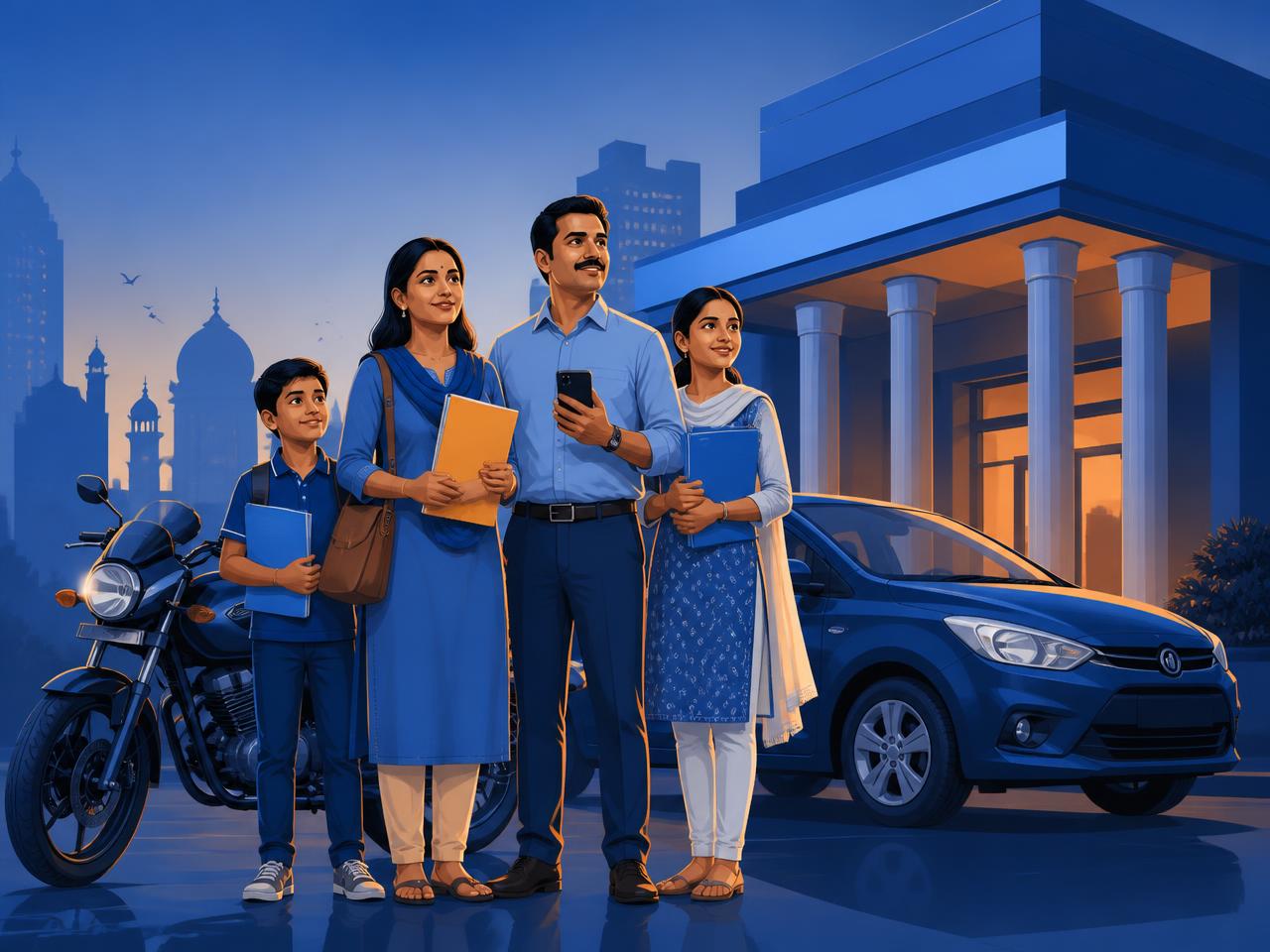 Indian family with their vehicle outside a bank, holding loan documents